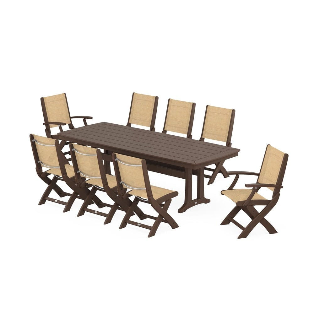 POLYWOOD® Outdoor Furniture Mahogany / Dupioni Apricot Sling POLYWOOD® - Coastal Folding 9-Piece Dining Set with Trestle Legs - PWS1501