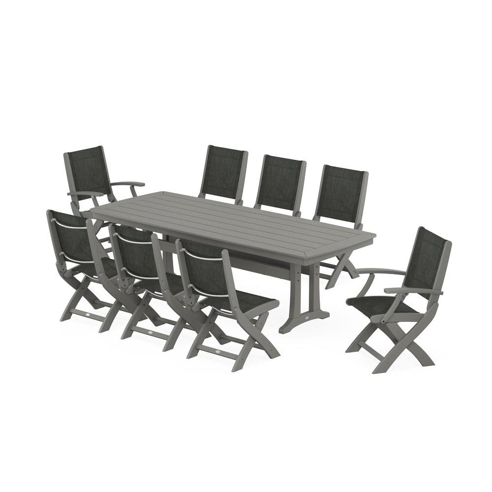 POLYWOOD® Outdoor Furniture Slate Grey / Ember Sling POLYWOOD® - Coastal Folding 9-Piece Dining Set with Trestle Legs - PWS1501