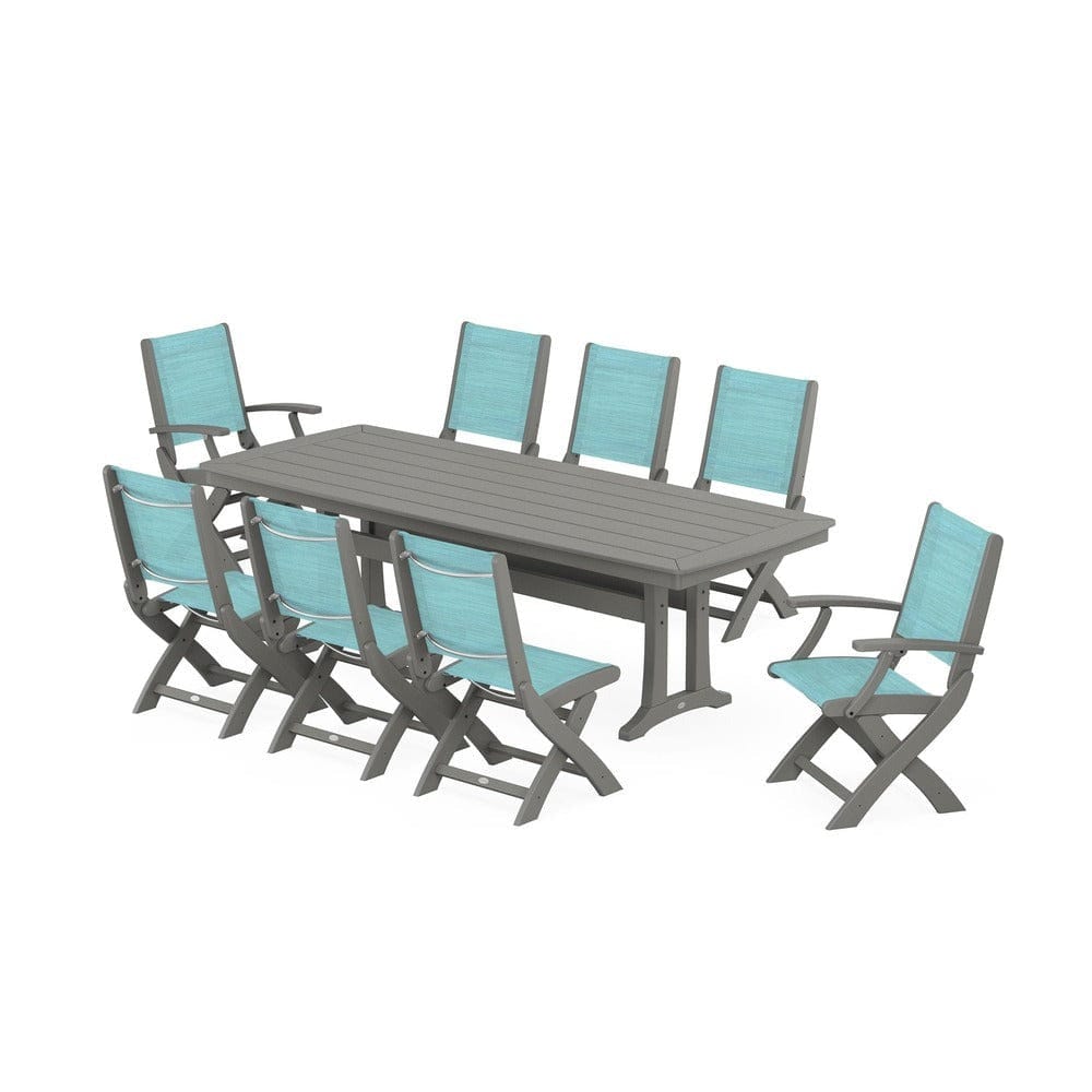 POLYWOOD® Outdoor Furniture Slate Grey / Dupioni Aquamarine Sling POLYWOOD® - Coastal Folding 9-Piece Dining Set with Trestle Legs - PWS1501