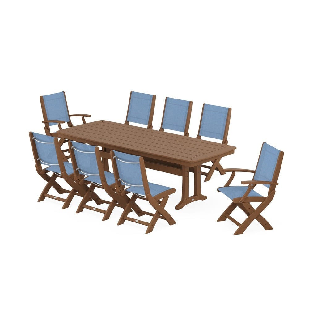 POLYWOOD® Outdoor Furniture Teak / Poolside Sling POLYWOOD® - Coastal Folding 9-Piece Dining Set with Trestle Legs - PWS1501