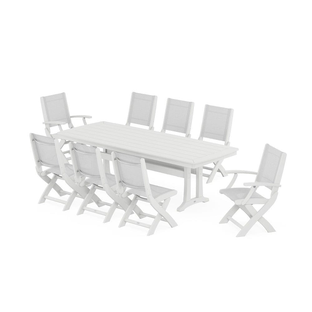 POLYWOOD® Outdoor Furniture White / White Sling POLYWOOD® - Coastal Folding 9-Piece Dining Set with Trestle Legs - PWS1501