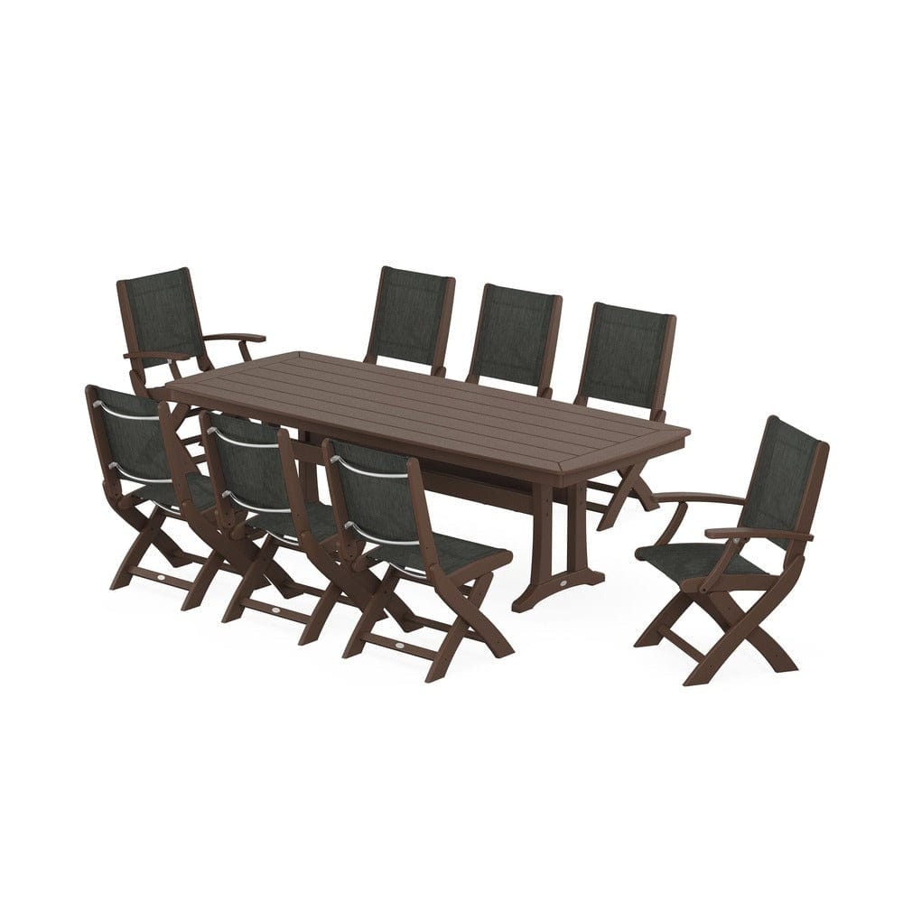 POLYWOOD® Outdoor Furniture Mahogany / Ember Sling POLYWOOD® - Coastal Folding 9-Piece Dining Set with Trestle Legs - PWS1501