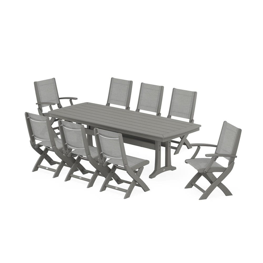 POLYWOOD® Outdoor Furniture Slate Grey / Metallic Sling POLYWOOD® - Coastal Folding 9-Piece Dining Set with Trestle Legs - PWS1501