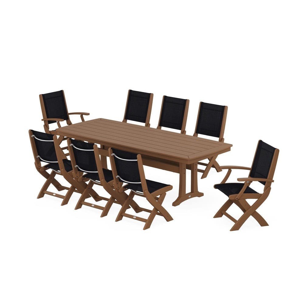 POLYWOOD® Outdoor Furniture Teak / Black Sling POLYWOOD® - Coastal Folding 9-Piece Dining Set with Trestle Legs - PWS1501