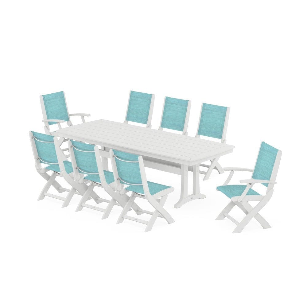 POLYWOOD® Outdoor Furniture White / Dupioni Aquamarine Sling POLYWOOD® - Coastal Folding 9-Piece Dining Set with Trestle Legs - PWS1501