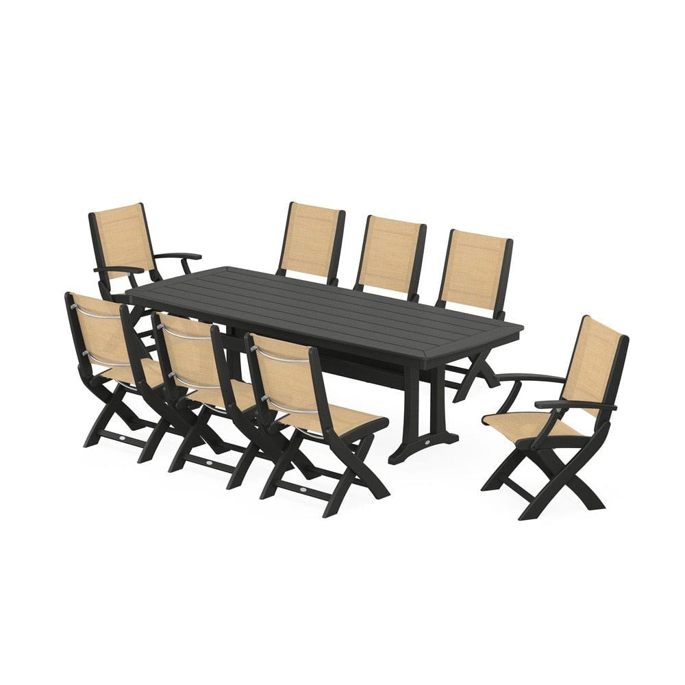 POLYWOOD® Outdoor Furniture Black / Dupioni Apricot Sling POLYWOOD® - Coastal Folding 9-Piece Dining Set with Trestle Legs - PWS1501