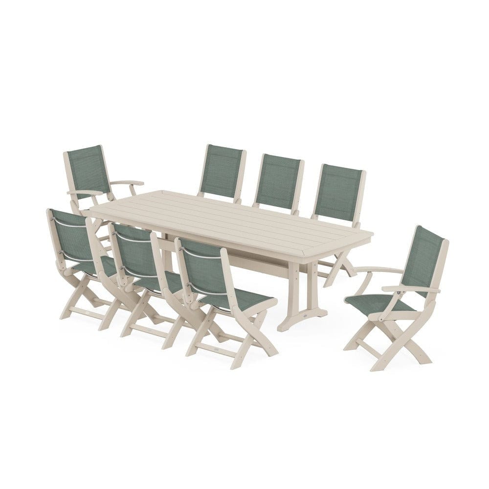 POLYWOOD® Outdoor Furniture Sand / Dupioni Sea Mist Sling POLYWOOD® - Coastal Folding 9-Piece Dining Set with Trestle Legs - PWS1501
