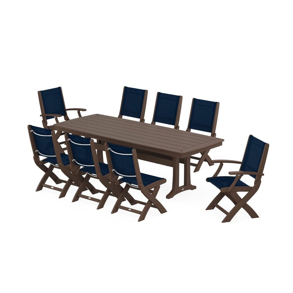 POLYWOOD® Outdoor Furniture Mahogany / Navy Blue Sling POLYWOOD® - Coastal Folding 9-Piece Dining Set with Trestle Legs - PWS1501