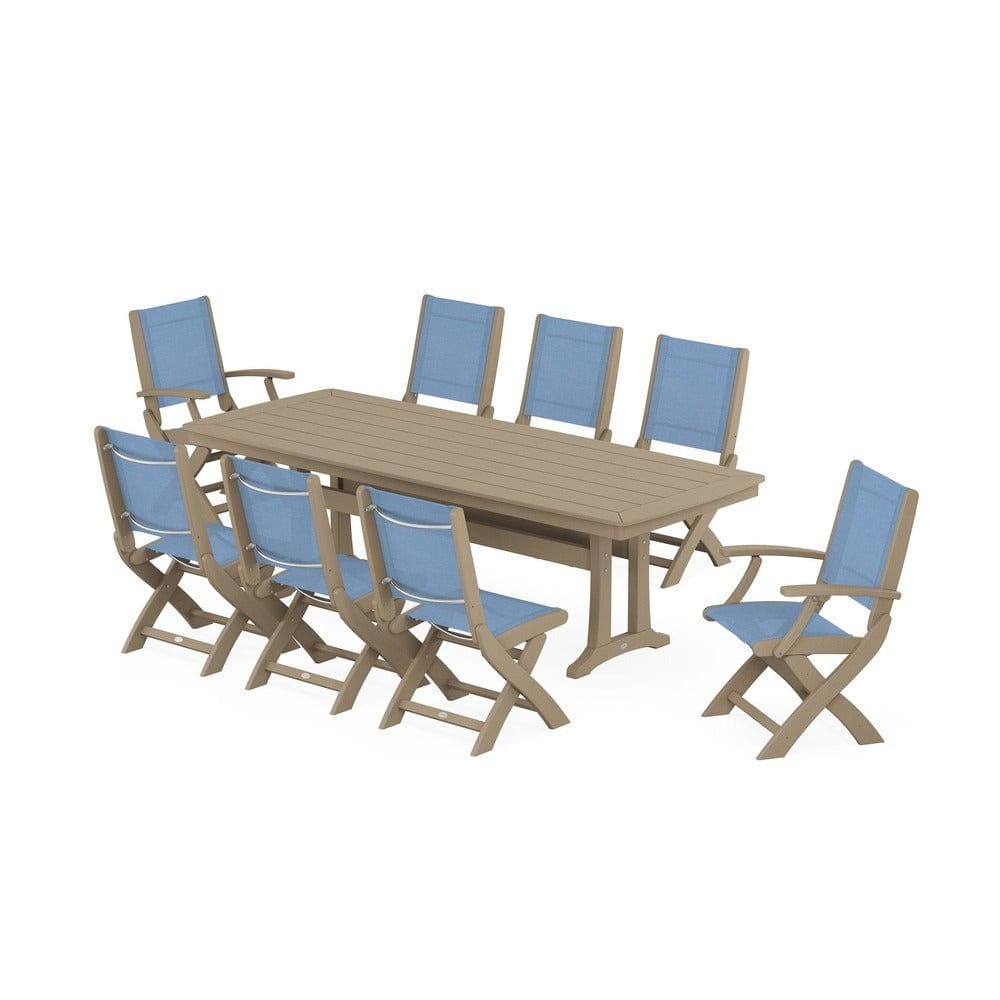 POLYWOOD® Outdoor Furniture Vintage Sahara / Poolside Sling POLYWOOD® - Coastal Folding 9-Piece Dining Set with Trestle Legs - PWS1501