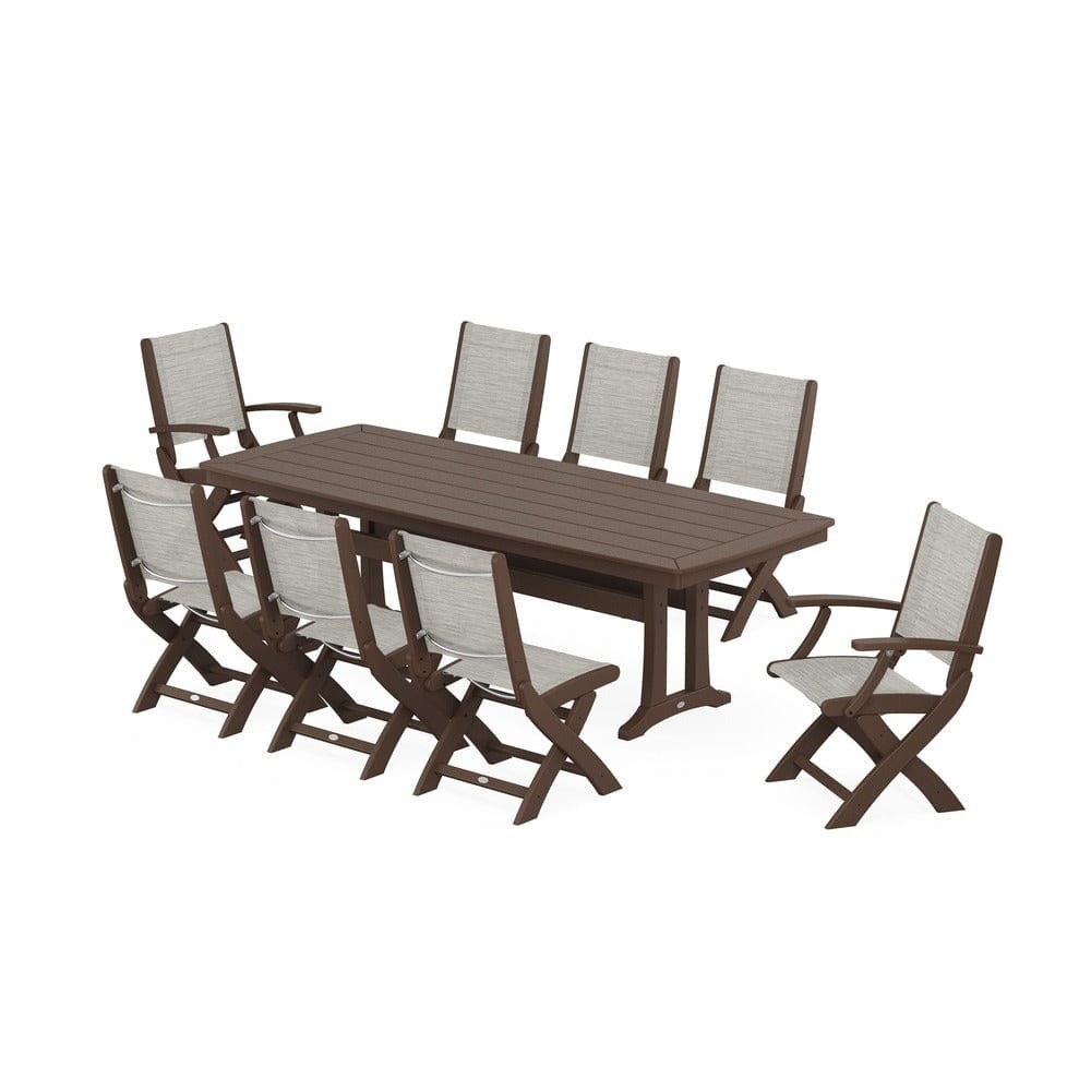 POLYWOOD® Outdoor Furniture Mahogany / Birch Sling POLYWOOD® - Coastal Folding 9-Piece Dining Set with Trestle Legs - PWS1501
