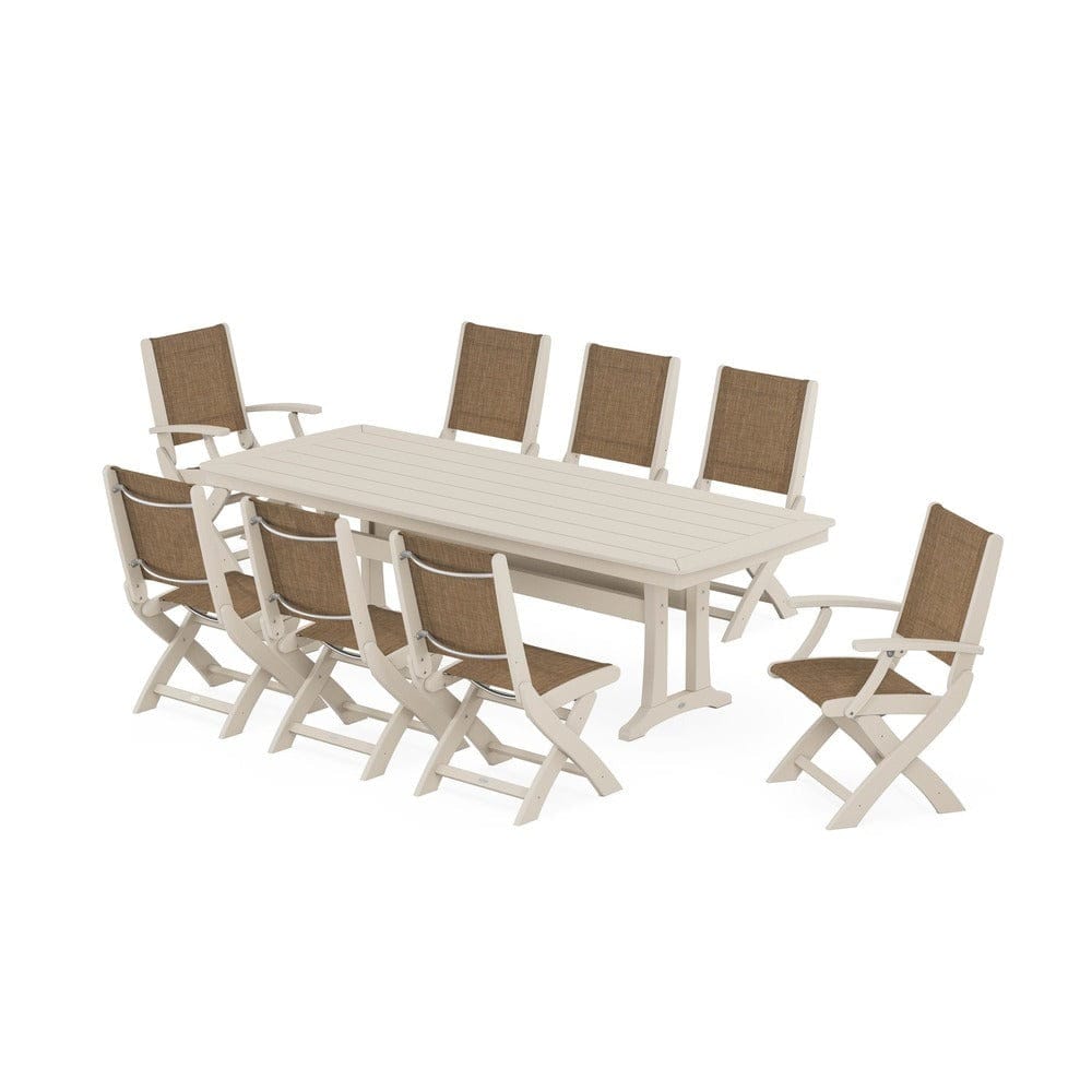 POLYWOOD® Outdoor Furniture Sand / Burlap Sling POLYWOOD® - Coastal Folding 9-Piece Dining Set with Trestle Legs - PWS1501