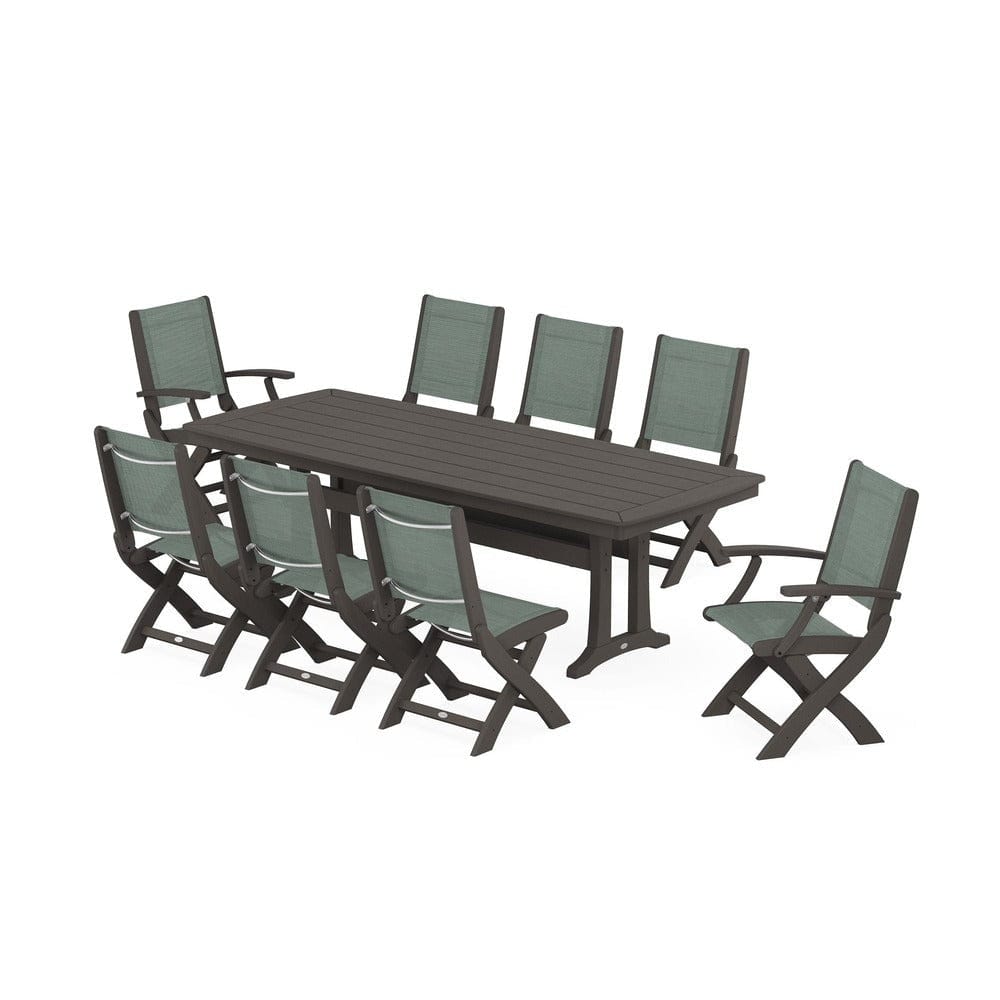 POLYWOOD® Outdoor Furniture Vintage Coffee / Dupioni Sea Mist Sling POLYWOOD® - Coastal Folding 9-Piece Dining Set with Trestle Legs - PWS1501