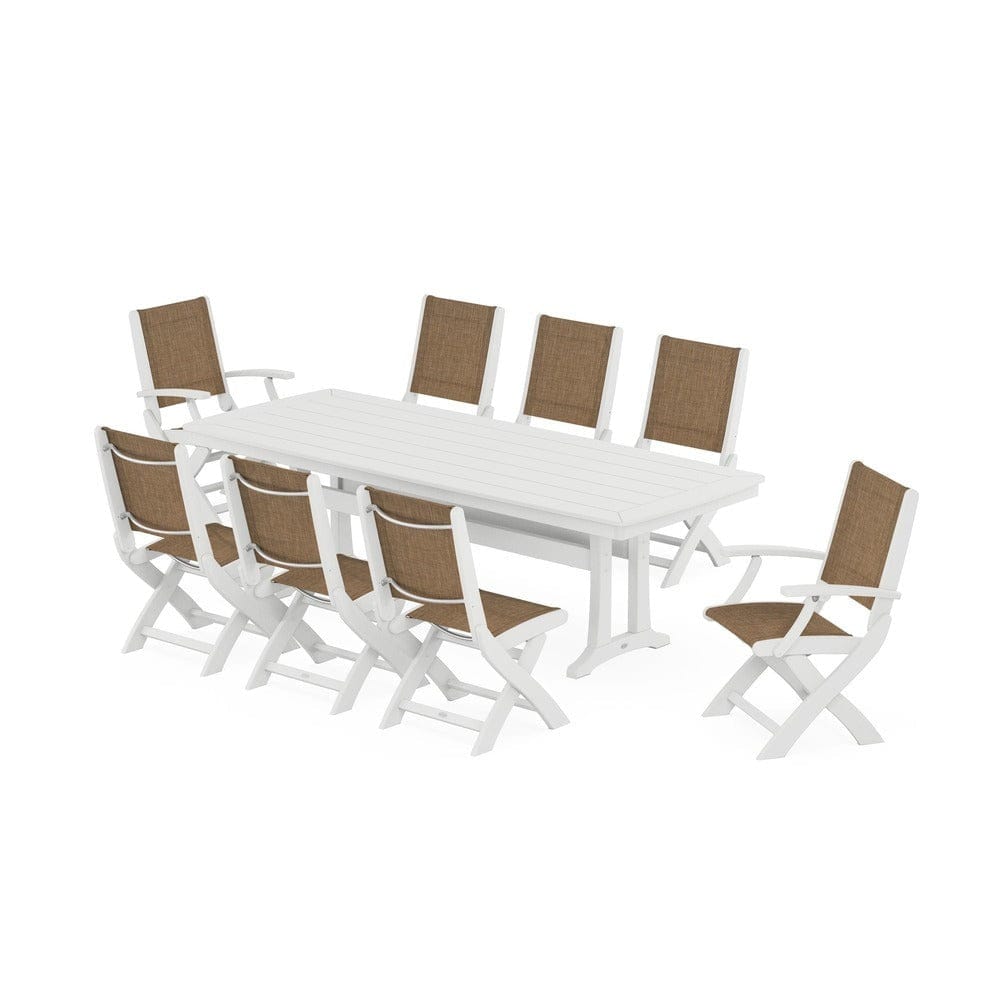 POLYWOOD® Outdoor Furniture White / Burlap Sling POLYWOOD® - Coastal Folding 9-Piece Dining Set with Trestle Legs - PWS1501