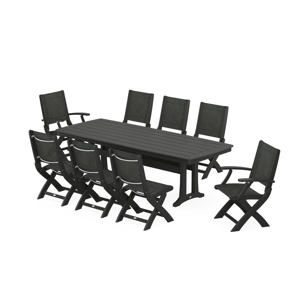 POLYWOOD® Outdoor Furniture Black / Ember Sling POLYWOOD® - Coastal Folding 9-Piece Dining Set with Trestle Legs - PWS1501