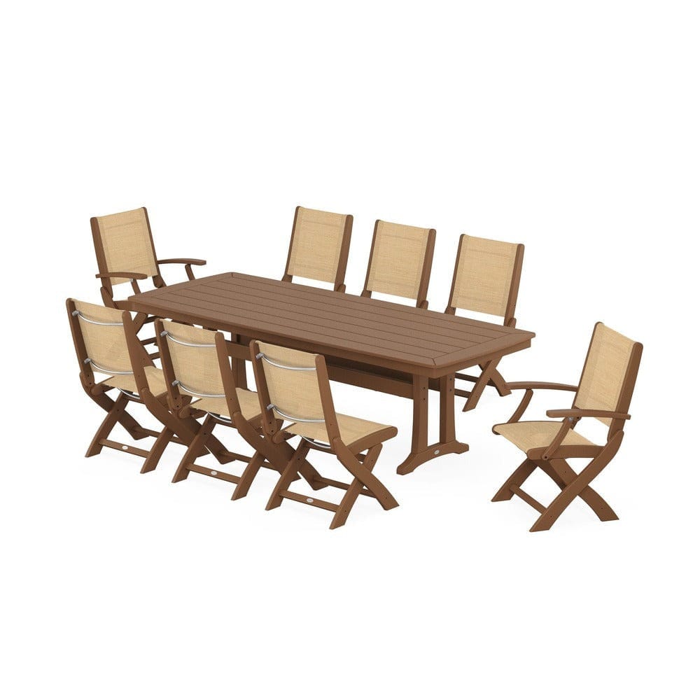 POLYWOOD® Outdoor Furniture Teak / Dupioni Apricot Sling POLYWOOD® - Coastal Folding 9-Piece Dining Set with Trestle Legs - PWS1501
