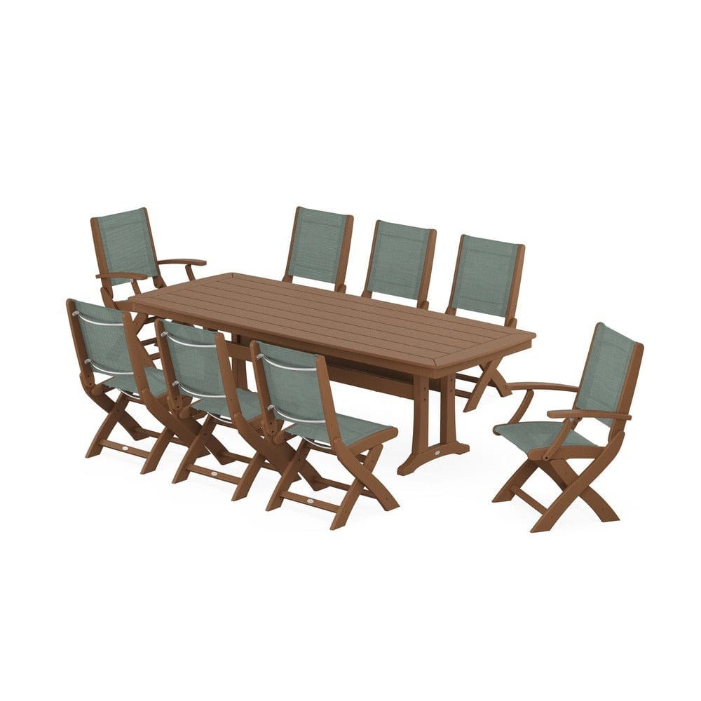 POLYWOOD® Outdoor Furniture Teak / Dupioni Sea Mist Sling POLYWOOD® - Coastal Folding 9-Piece Dining Set with Trestle Legs - PWS1501