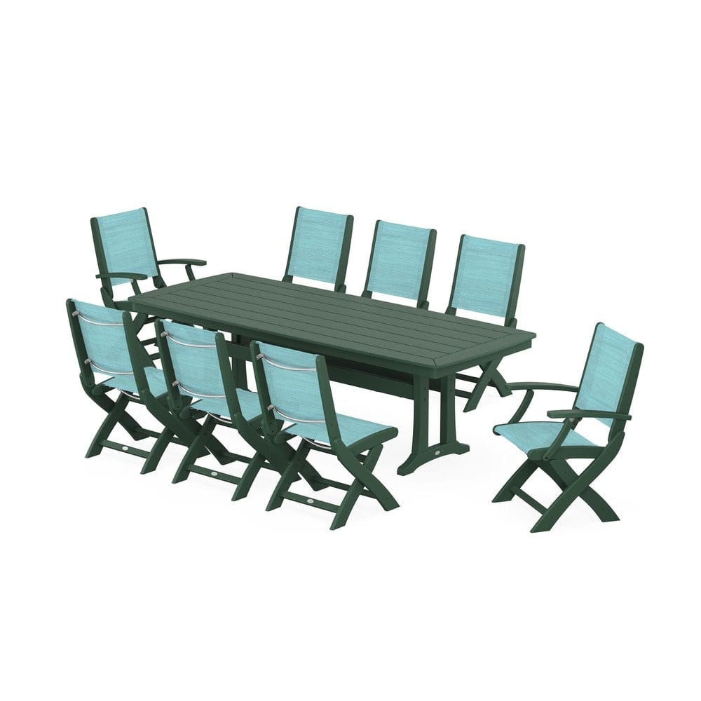 POLYWOOD® Outdoor Furniture Green / Dupioni Aquamarine Sling POLYWOOD® - Coastal Folding 9-Piece Dining Set with Trestle Legs - PWS1501