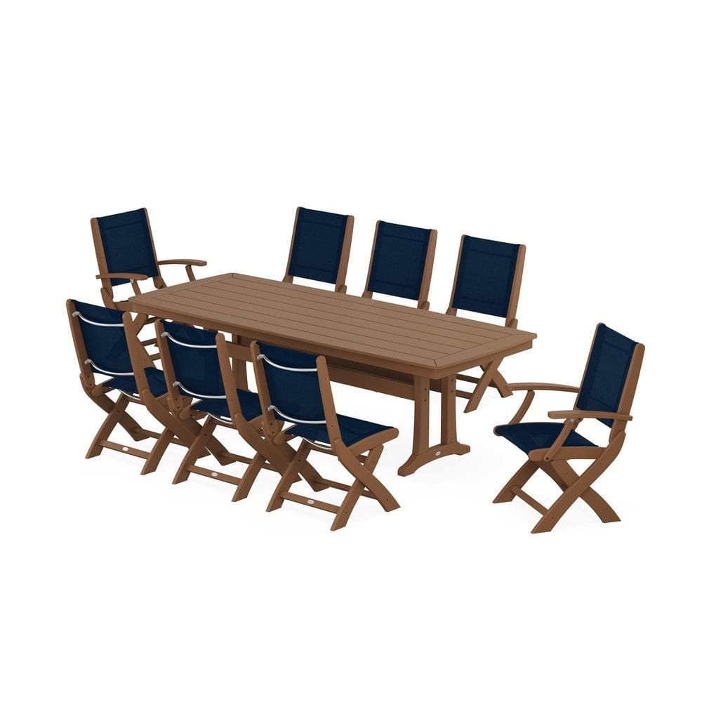 POLYWOOD® Outdoor Furniture Teak / Navy Blue Sling POLYWOOD® - Coastal Folding 9-Piece Dining Set with Trestle Legs - PWS1501