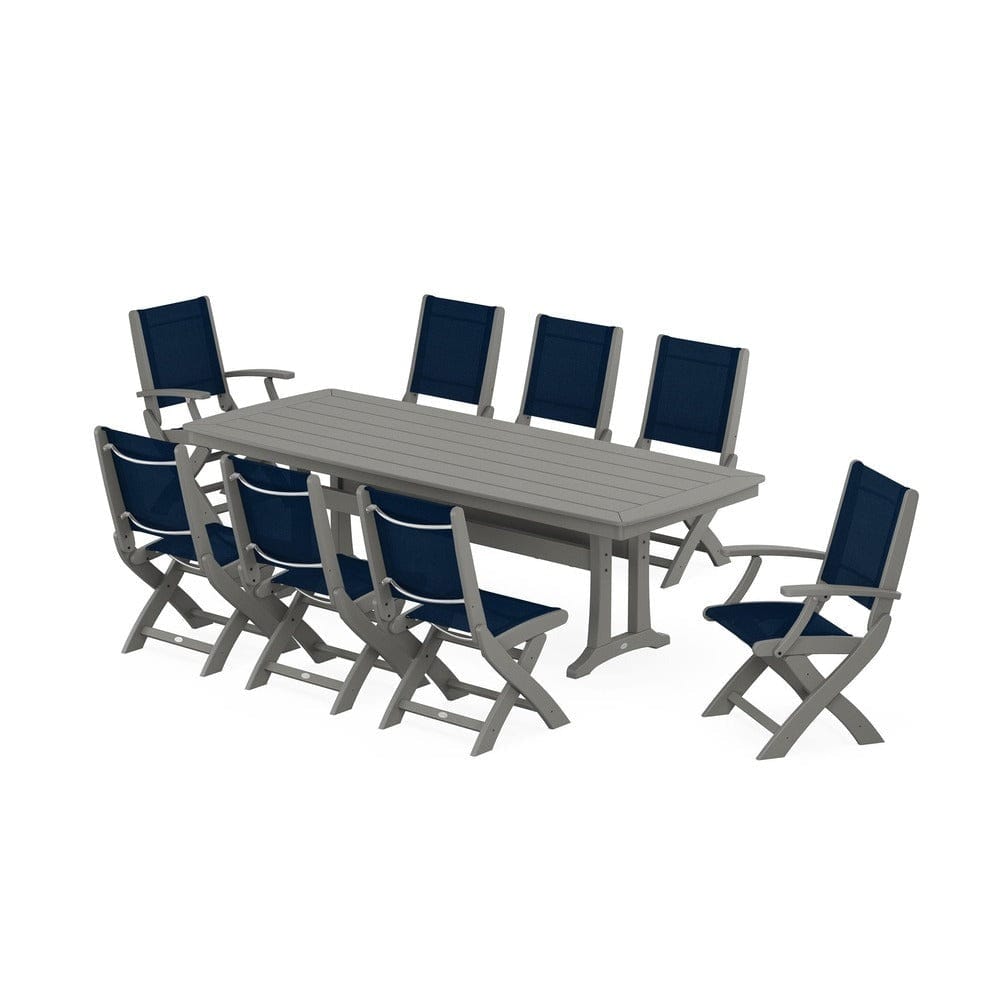 POLYWOOD® Outdoor Furniture Slate Grey / Navy Blue Sling POLYWOOD® - Coastal Folding 9-Piece Dining Set with Trestle Legs - PWS1501