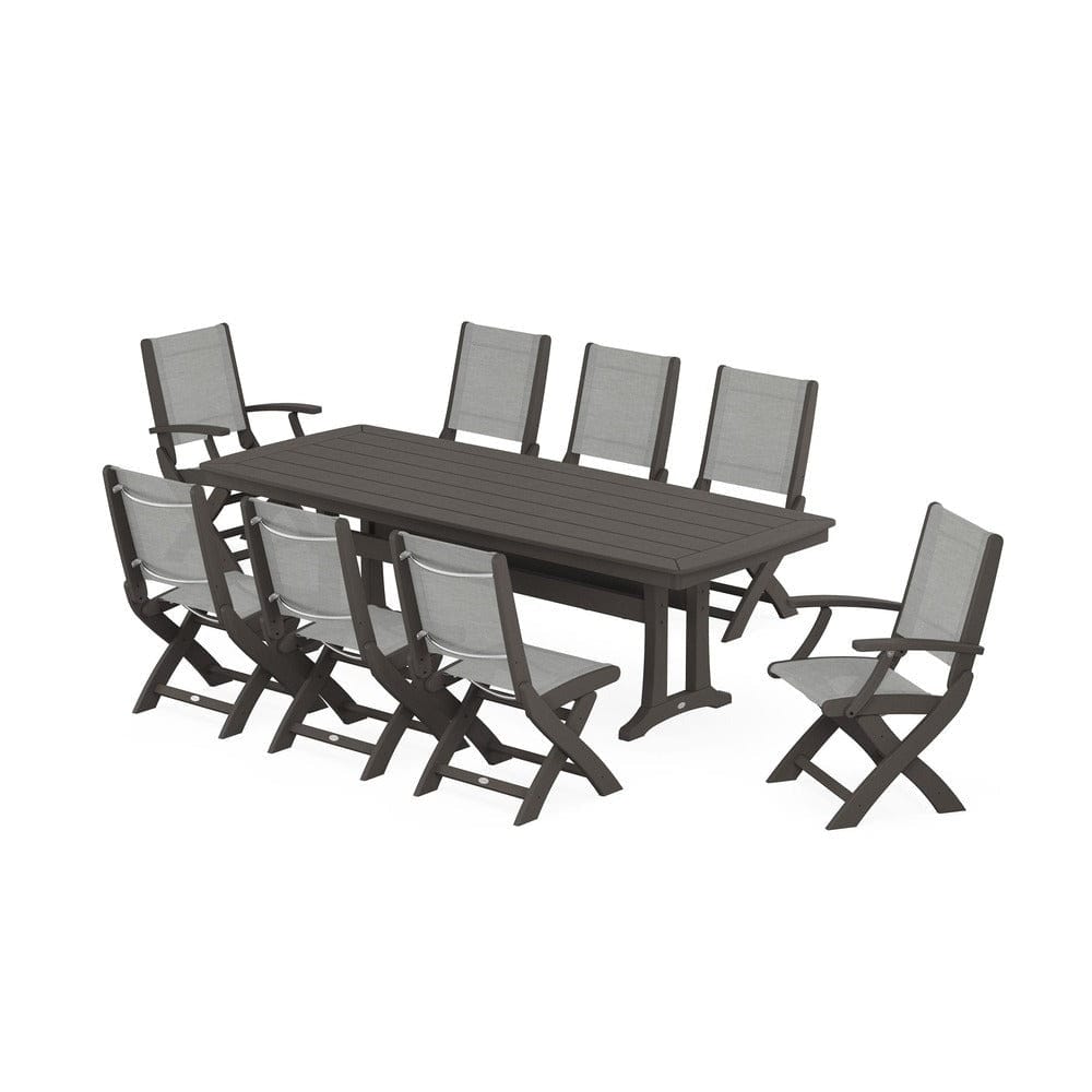 POLYWOOD® Outdoor Furniture Vintage Coffee / Metallic Sling POLYWOOD® - Coastal Folding 9-Piece Dining Set with Trestle Legs - PWS1501