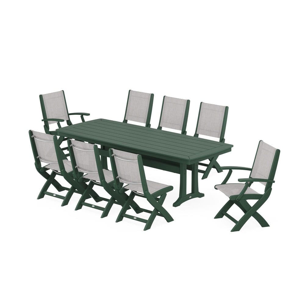 POLYWOOD® Outdoor Furniture Green / Parchment Sling POLYWOOD® - Coastal Folding 9-Piece Dining Set with Trestle Legs - PWS1501