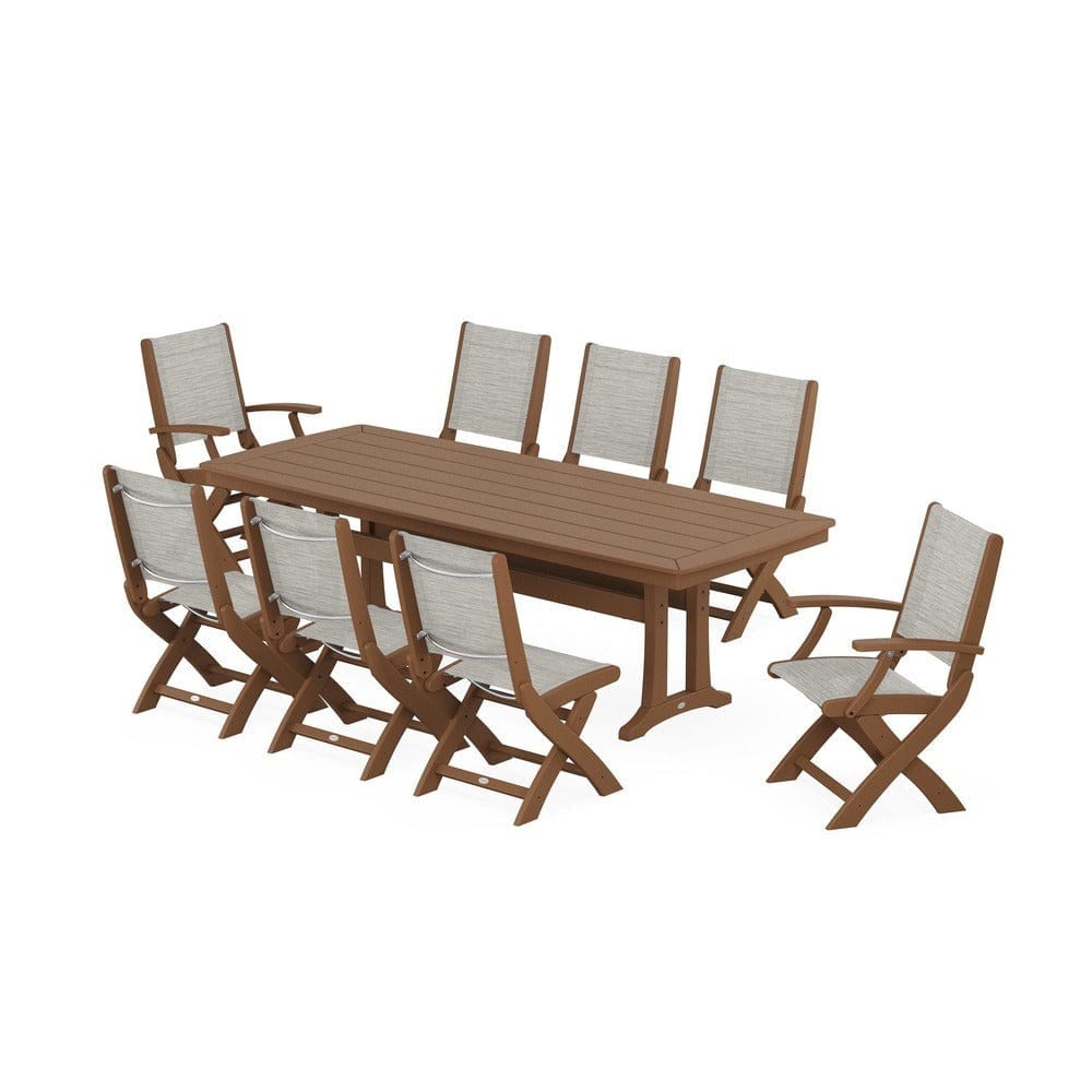POLYWOOD® Outdoor Furniture Teak / Birch Sling POLYWOOD® - Coastal Folding 9-Piece Dining Set with Trestle Legs - PWS1501