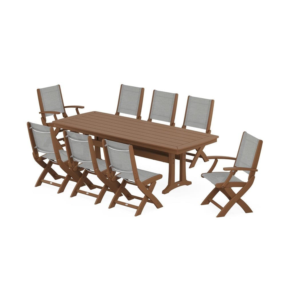 POLYWOOD® Outdoor Furniture Teak / Metallic Sling POLYWOOD® - Coastal Folding 9-Piece Dining Set with Trestle Legs - PWS1501
