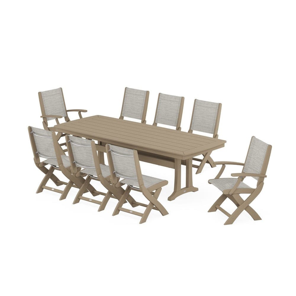 POLYWOOD® Outdoor Furniture Vintage Sahara / Birch Sling POLYWOOD® - Coastal Folding 9-Piece Dining Set with Trestle Legs - PWS1501
