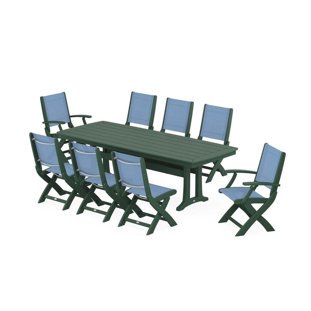POLYWOOD® Outdoor Furniture Green / Poolside Sling POLYWOOD® - Coastal Folding 9-Piece Dining Set with Trestle Legs - PWS1501