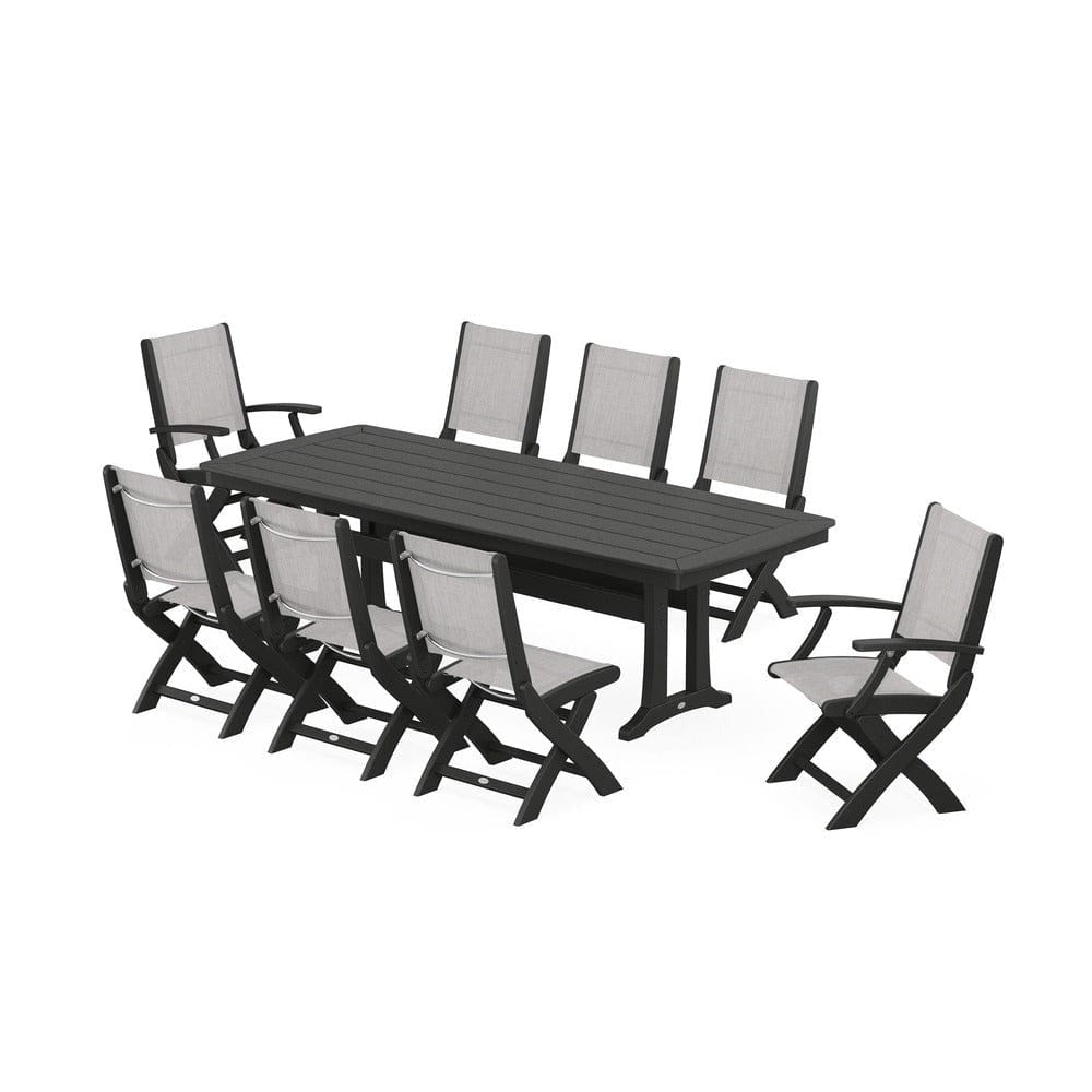 POLYWOOD® Outdoor Furniture Black / Parchment Sling POLYWOOD® - Coastal Folding 9-Piece Dining Set with Trestle Legs - PWS1501