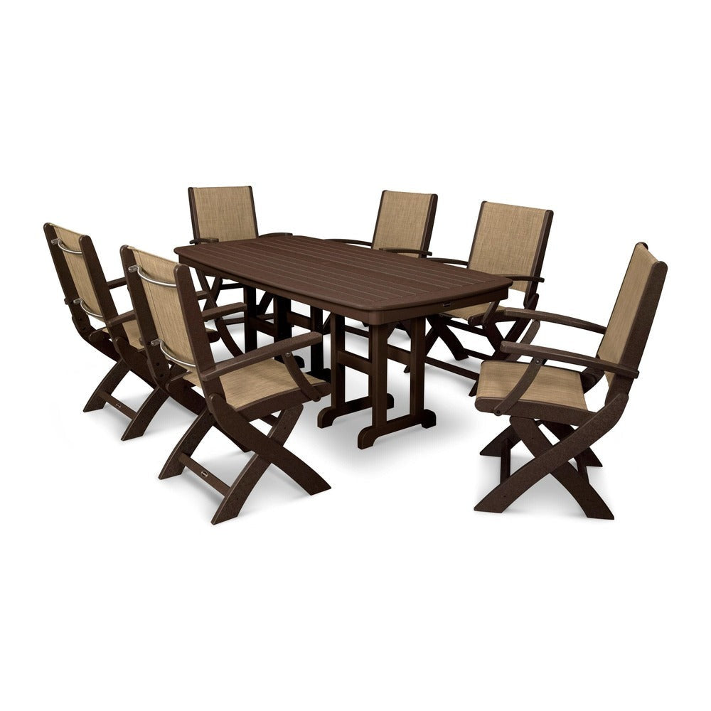 POLYWOOD® Outdoor Furniture Mahogany / Burlap Sling POLYWOOD® - Coastal Folding Arm Chair 7-Piece Dining Set - PWS154-1