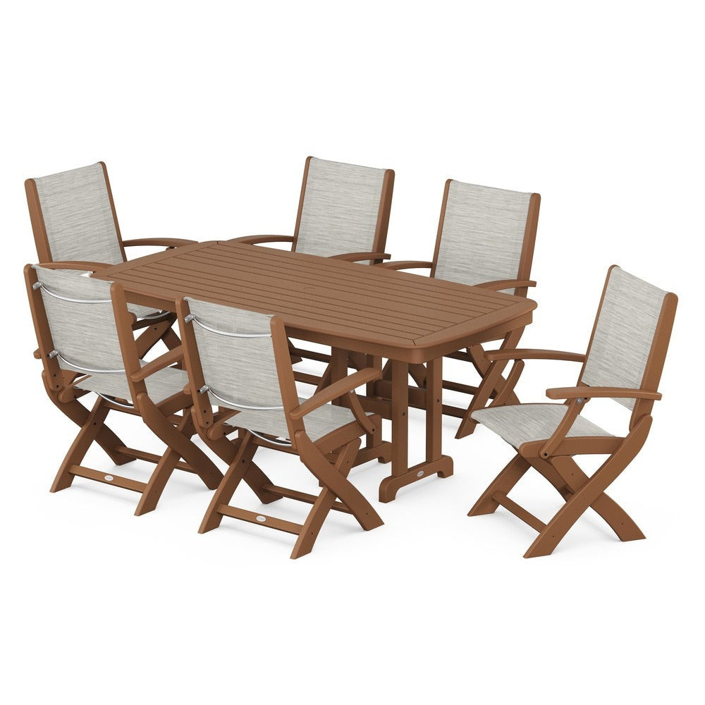 POLYWOOD® Outdoor Furniture Teak / Birch Sling POLYWOOD® - Coastal Folding Arm Chair 7-Piece Dining Set - PWS154-1