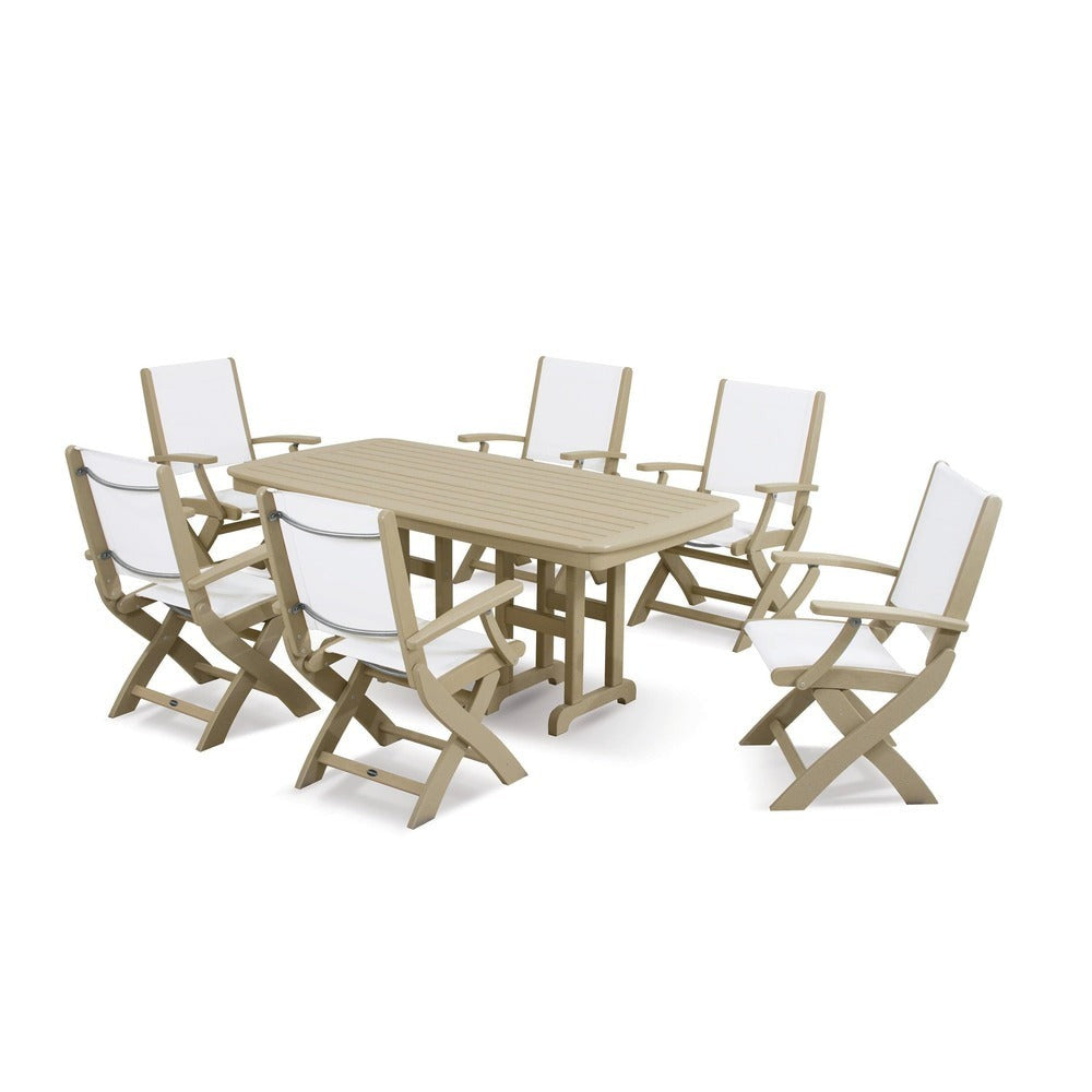 POLYWOOD® Outdoor Furniture Sand / White Sling POLYWOOD® - Coastal Folding Arm Chair 7-Piece Dining Set - PWS154-1