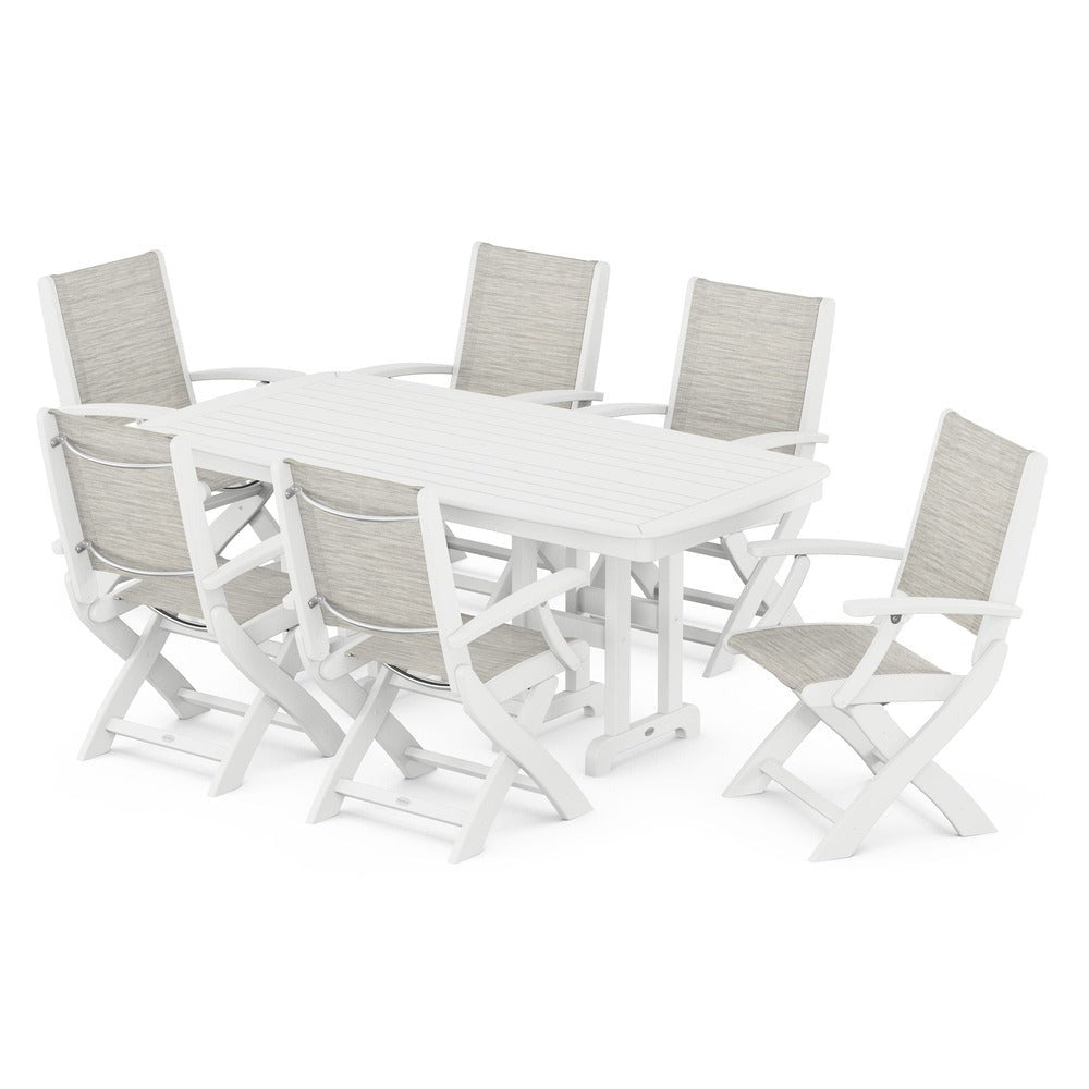 POLYWOOD® Outdoor Furniture White / Birch Sling POLYWOOD® - Coastal Folding Arm Chair 7-Piece Dining Set - PWS154-1