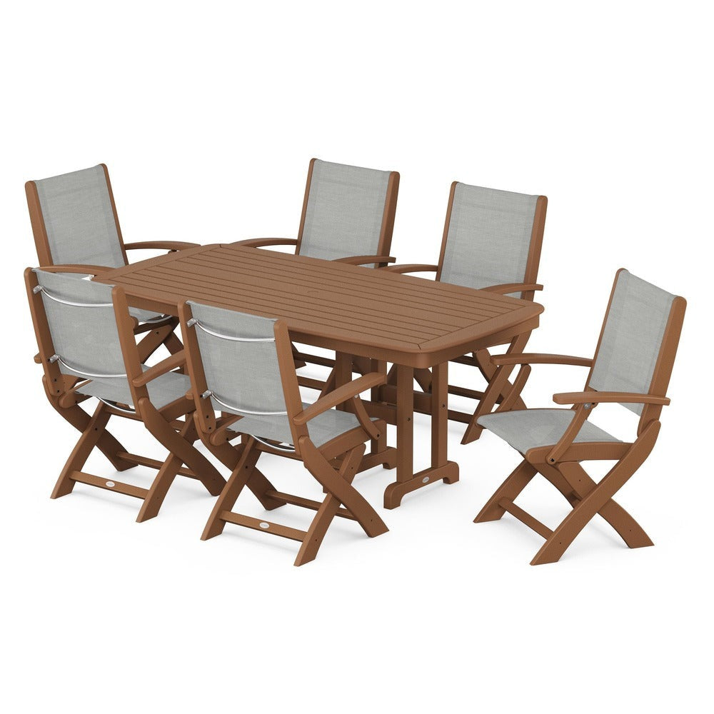 POLYWOOD® Outdoor Furniture Teak / Metallic Sling POLYWOOD® - Coastal Folding Arm Chair 7-Piece Dining Set - PWS154-1