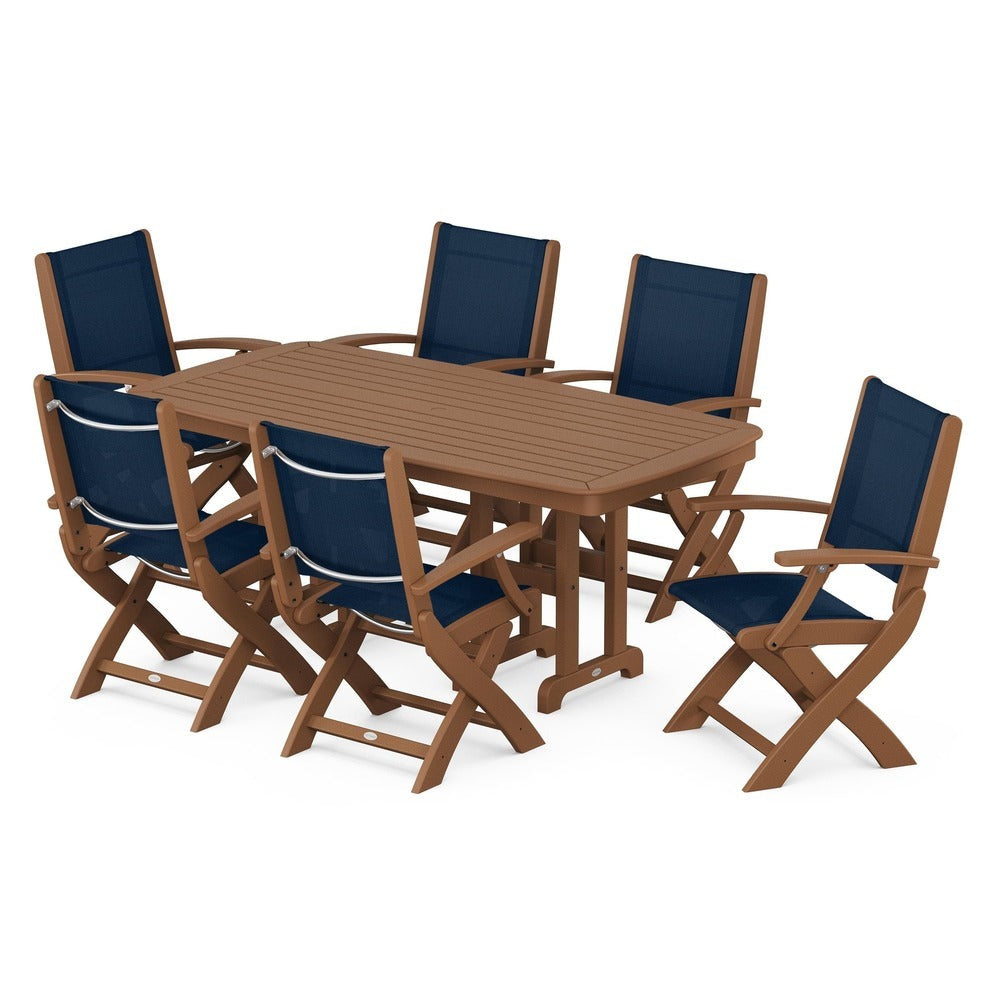 POLYWOOD® Outdoor Furniture Teak / Navy Blue Sling POLYWOOD® - Coastal Folding Arm Chair 7-Piece Dining Set - PWS154-1