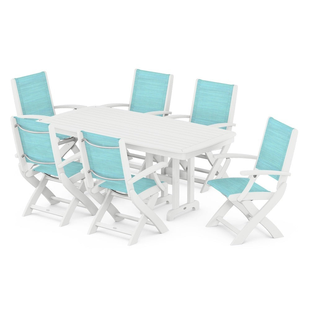 POLYWOOD® Outdoor Furniture White / Dupioni Aquamarine Sling POLYWOOD® - Coastal Folding Arm Chair 7-Piece Dining Set - PWS154-1