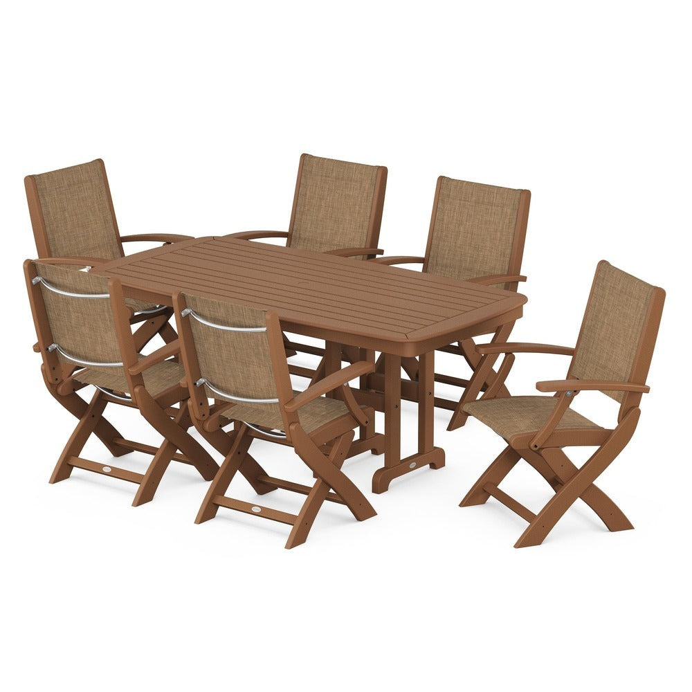 POLYWOOD® Outdoor Furniture Teak / Burlap Sling POLYWOOD® - Coastal Folding Arm Chair 7-Piece Dining Set - PWS154-1