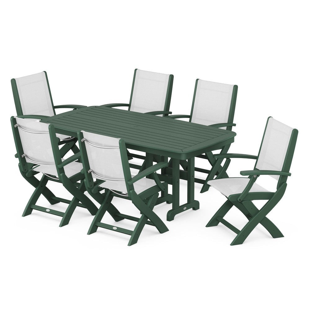 POLYWOOD® Outdoor Furniture Green / White Sling POLYWOOD® - Coastal Folding Arm Chair 7-Piece Dining Set - PWS154-1