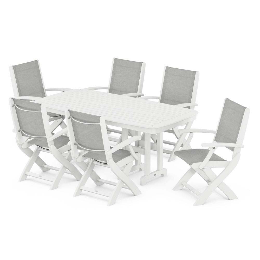 POLYWOOD® Outdoor Furniture White / Metallic Sling POLYWOOD® - Coastal Folding Arm Chair 7-Piece Dining Set - PWS154-1