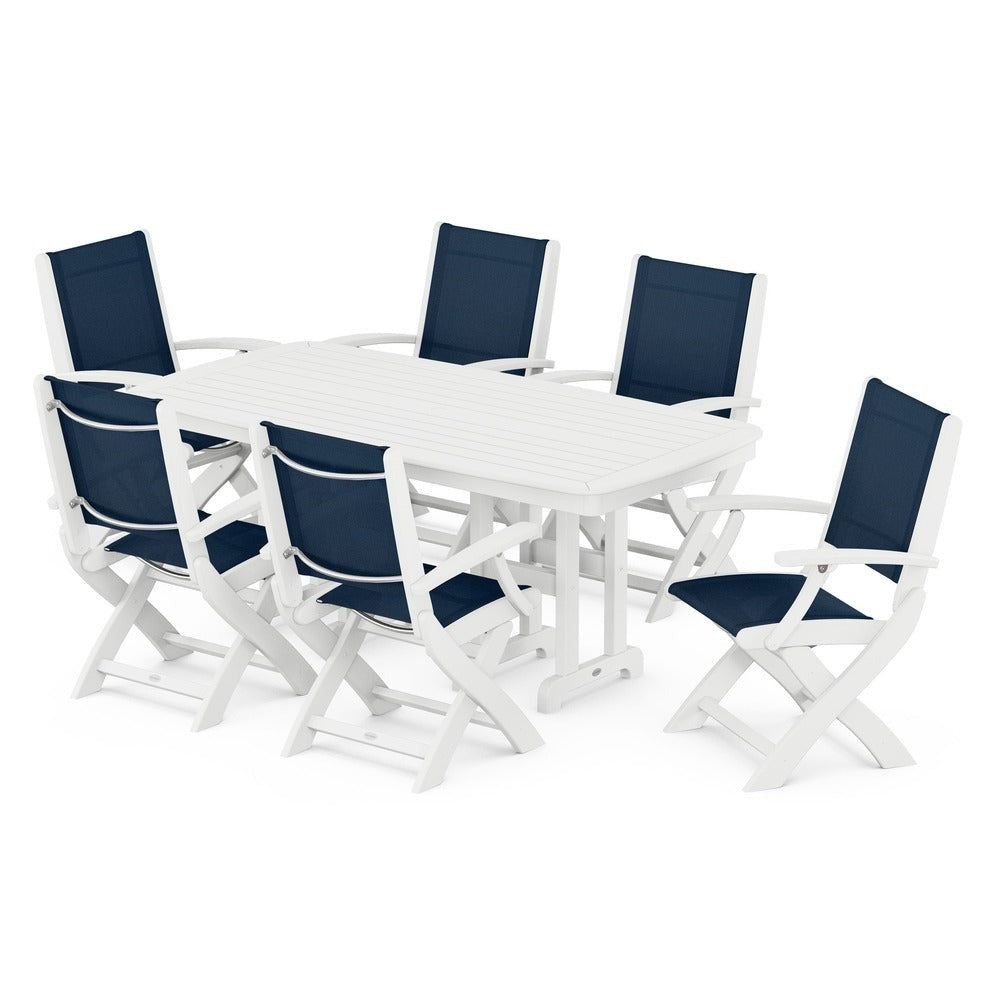 POLYWOOD® Outdoor Furniture White / Navy Blue Sling POLYWOOD® - Coastal Folding Arm Chair 7-Piece Dining Set - PWS154-1