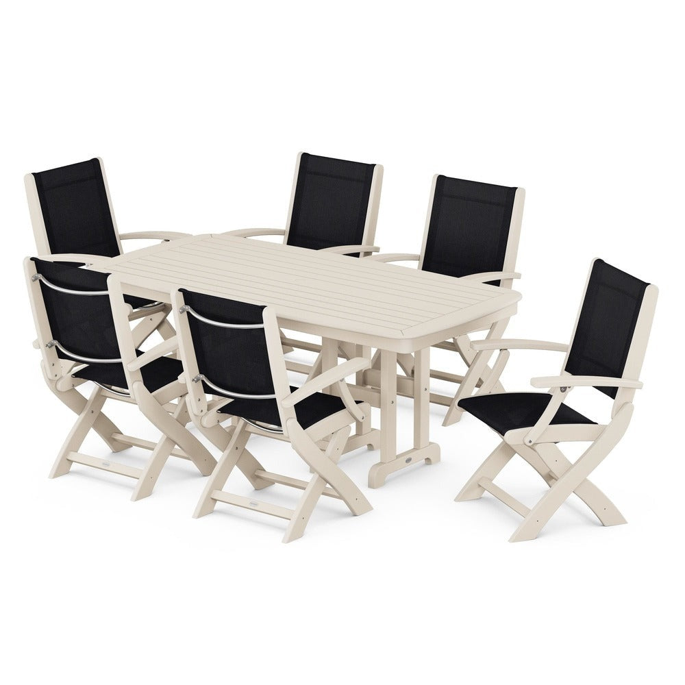 POLYWOOD® Outdoor Furniture Sand / Black Sling POLYWOOD® - Coastal Folding Arm Chair 7-Piece Dining Set - PWS154-1
