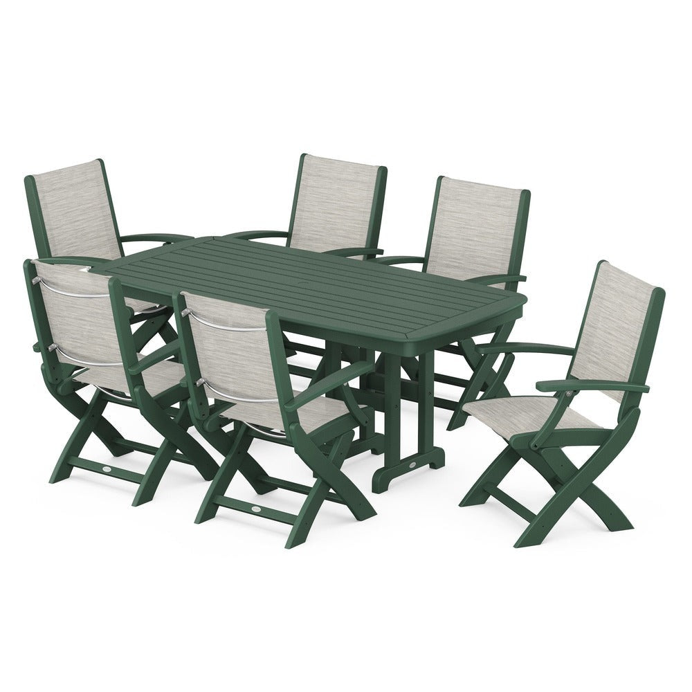 POLYWOOD® Outdoor Furniture Green / Birch Sling POLYWOOD® - Coastal Folding Arm Chair 7-Piece Dining Set - PWS154-1
