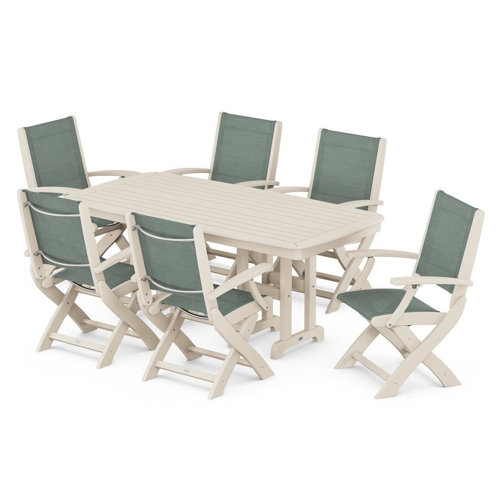 POLYWOOD® Outdoor Furniture Sand / Dupioni Sea Mist Sling POLYWOOD® - Coastal Folding Arm Chair 7-Piece Dining Set - PWS154-1