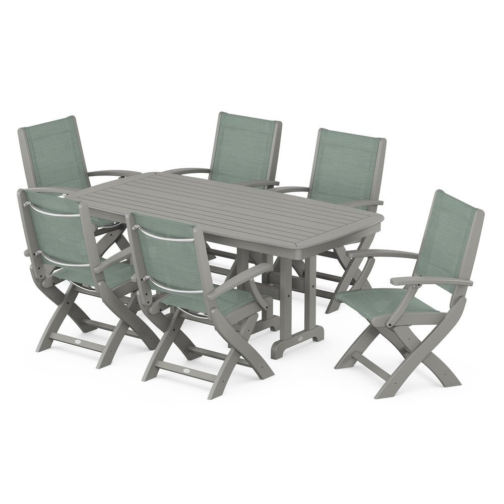 POLYWOOD® Outdoor Furniture Slate Grey / Dupioni Sea Mist Sling POLYWOOD® - Coastal Folding Arm Chair 7-Piece Dining Set - PWS154-1