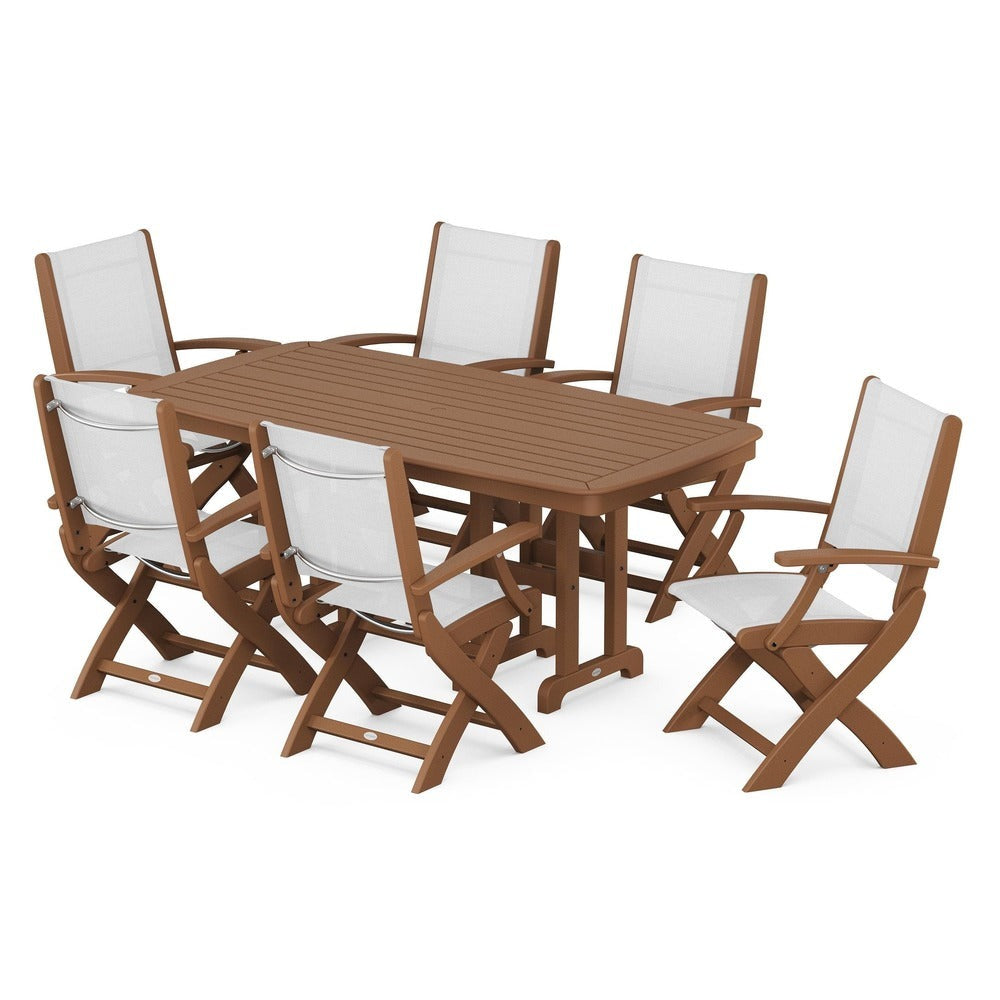 POLYWOOD® Outdoor Furniture Teak / White Sling POLYWOOD® - Coastal Folding Arm Chair 7-Piece Dining Set - PWS154-1