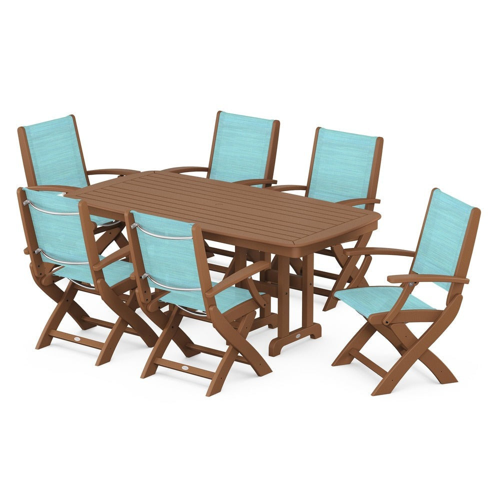 POLYWOOD® Outdoor Furniture Teak / Dupioni Aquamarine Sling POLYWOOD® - Coastal Folding Arm Chair 7-Piece Dining Set - PWS154-1