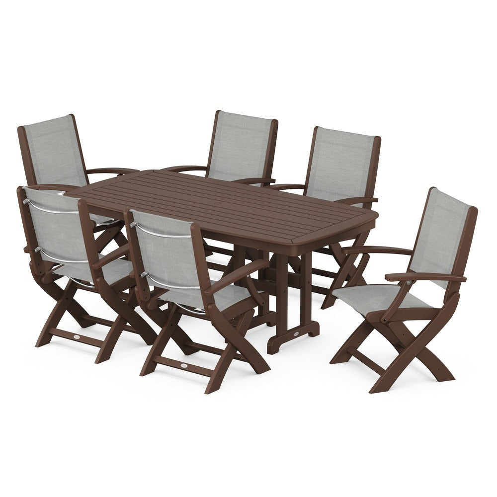 POLYWOOD® Outdoor Furniture Mahogany / Metallic Sling POLYWOOD® - Coastal Folding Arm Chair 7-Piece Dining Set - PWS154-1