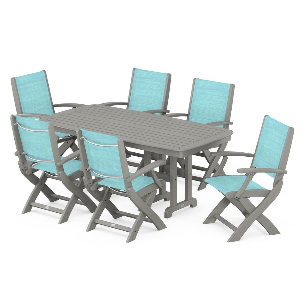 POLYWOOD® Outdoor Furniture Slate Grey / Dupioni Aquamarine Sling POLYWOOD® - Coastal Folding Arm Chair 7-Piece Dining Set - PWS154-1