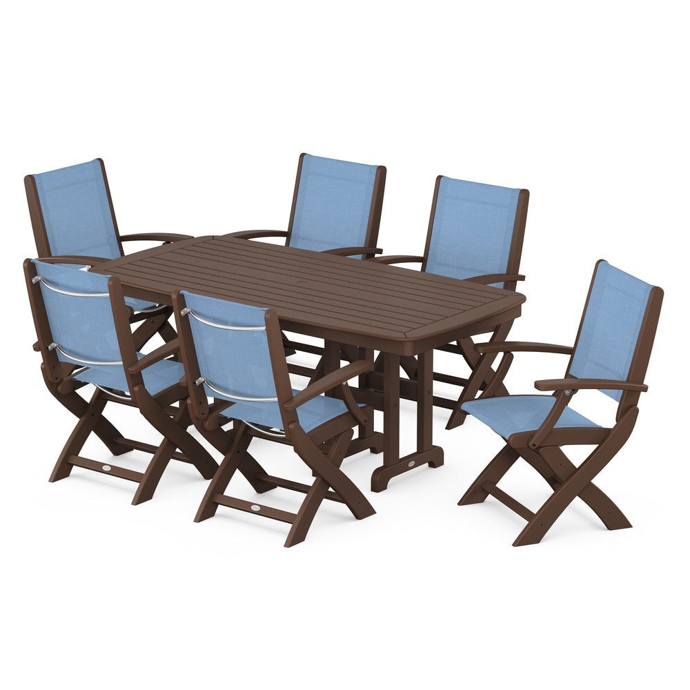 POLYWOOD® Outdoor Furniture Mahogany / Poolside Sling POLYWOOD® - Coastal Folding Arm Chair 7-Piece Dining Set - PWS154-1
